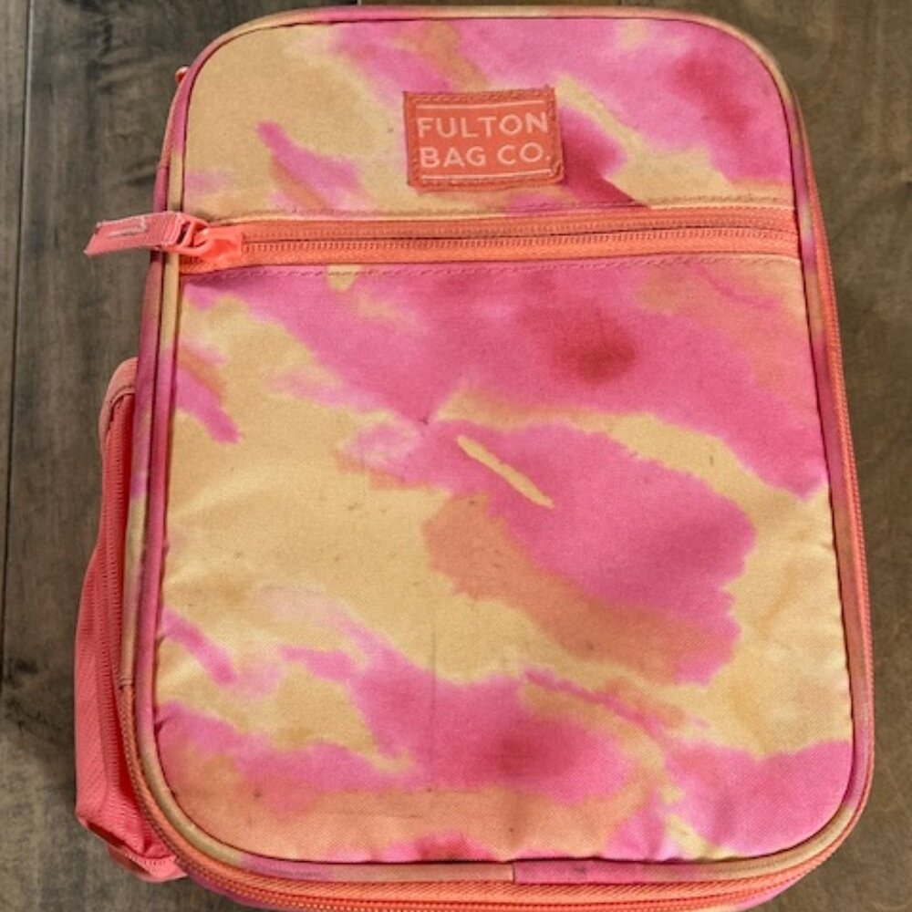 Pink and yellow tie-dye lunch bag Zipper closure by Fulton Bag Co.